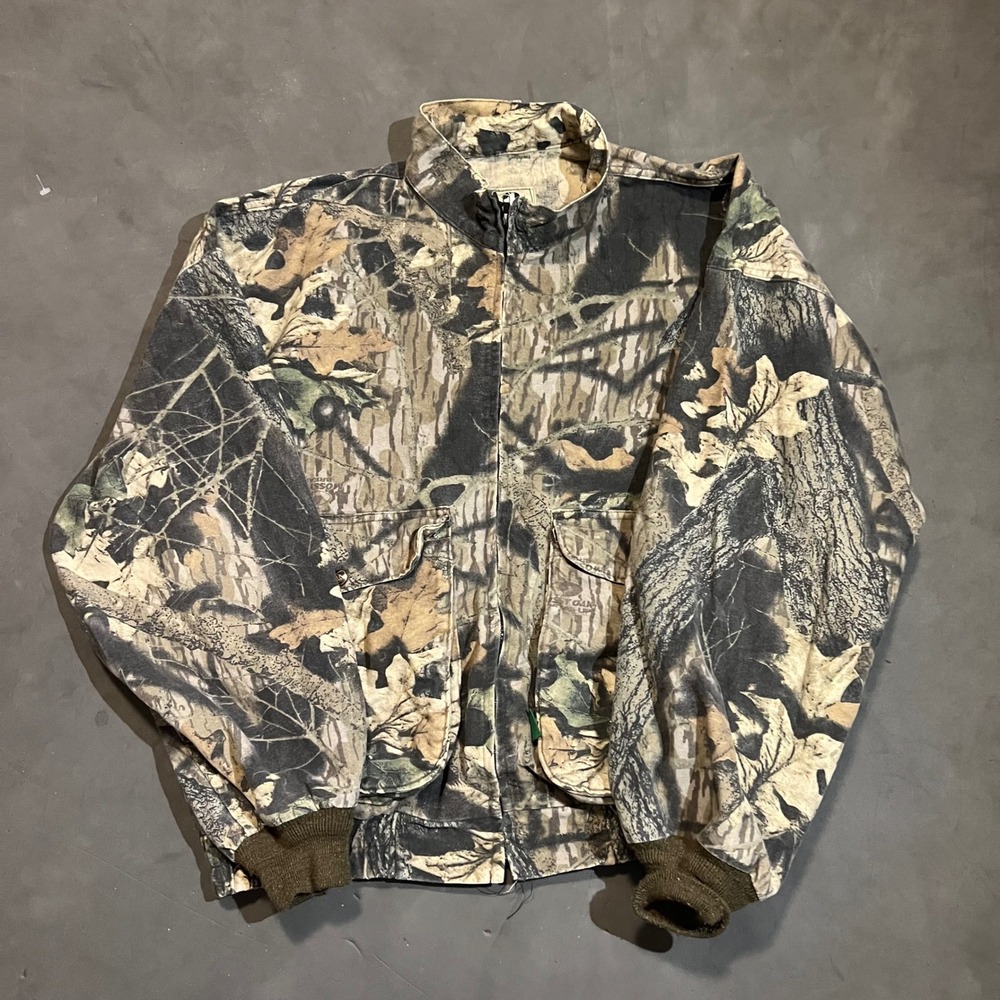 Vintage Mossy Oak Camo Full Zip Bomber Jacket Mens XL Made in USA Cotton Canvas